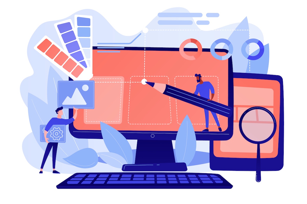 What Is The Best Cms Platform (And Why Is It Wordpress?) 3 Miniature Web Builders Editing A Website On A Large Screen