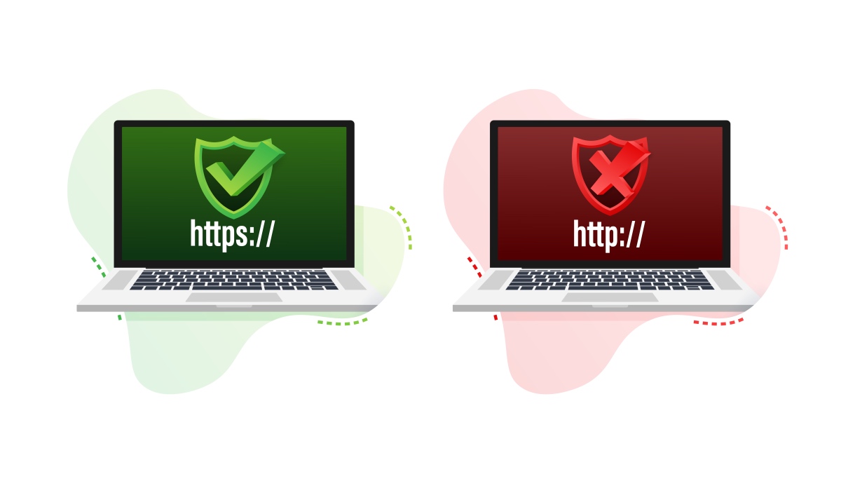 Https:// Secured Laptop With A Green Checkmark Next To Http:// Unsecured Laptop With A Red X