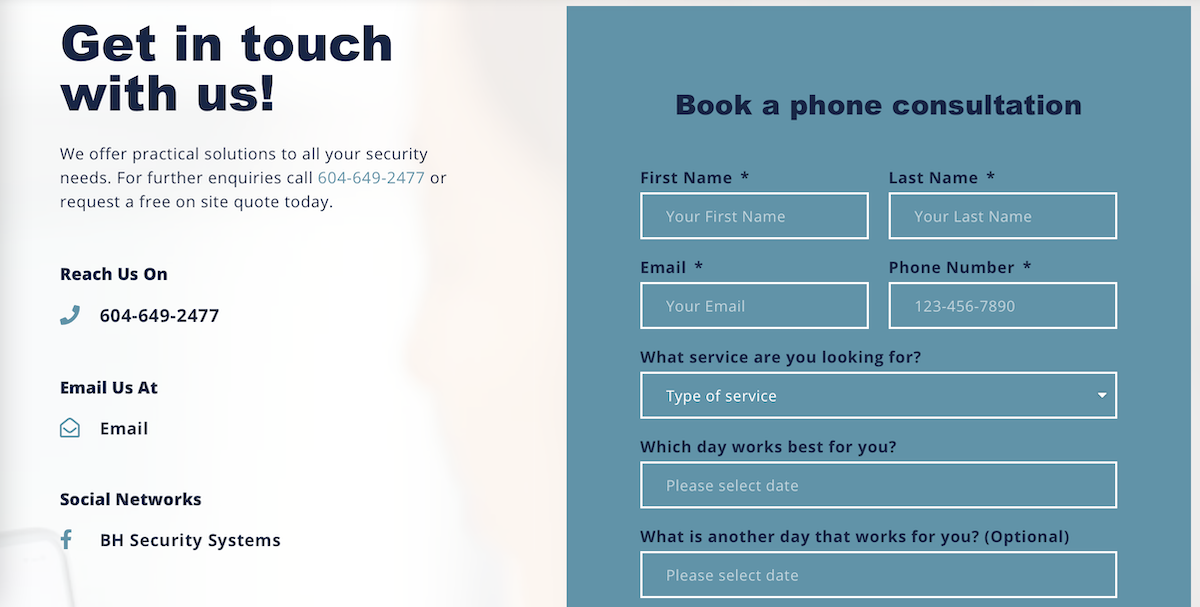 Contact Website Page For Bh Security Systems Showing A Contact From