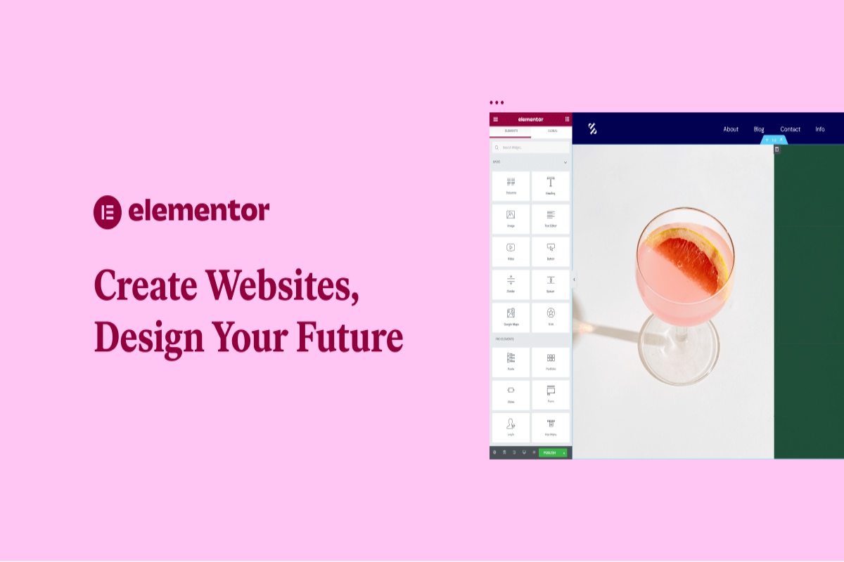 Elementor promotional page: “Create Websites, Design Your Future” with sample web page beside it and a simple picture of a cocktail glass