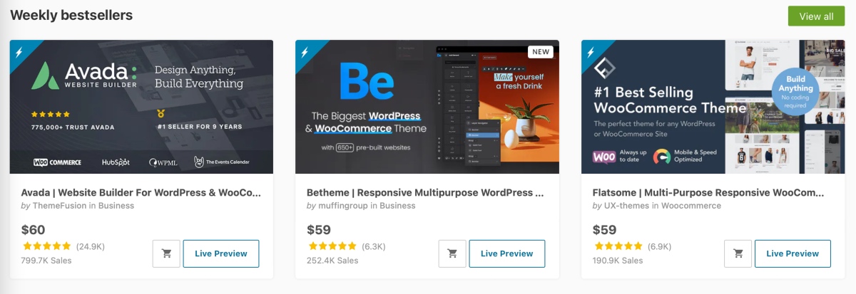 A Selection Of 3 Downloadable Wordpress Themes Via Themeforest And Their Star Rating And Price