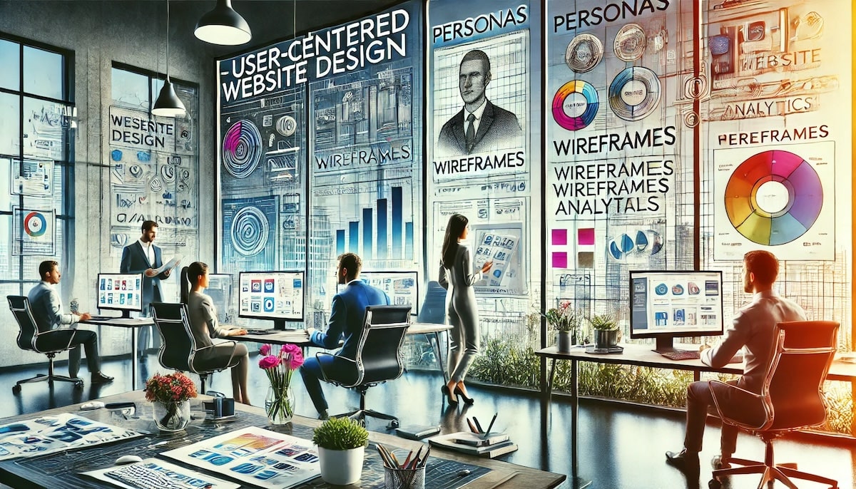 Modern website interface displayed on multiple devices in a designer’s workspace, emphasizing user-centric design principles to improve user experience.