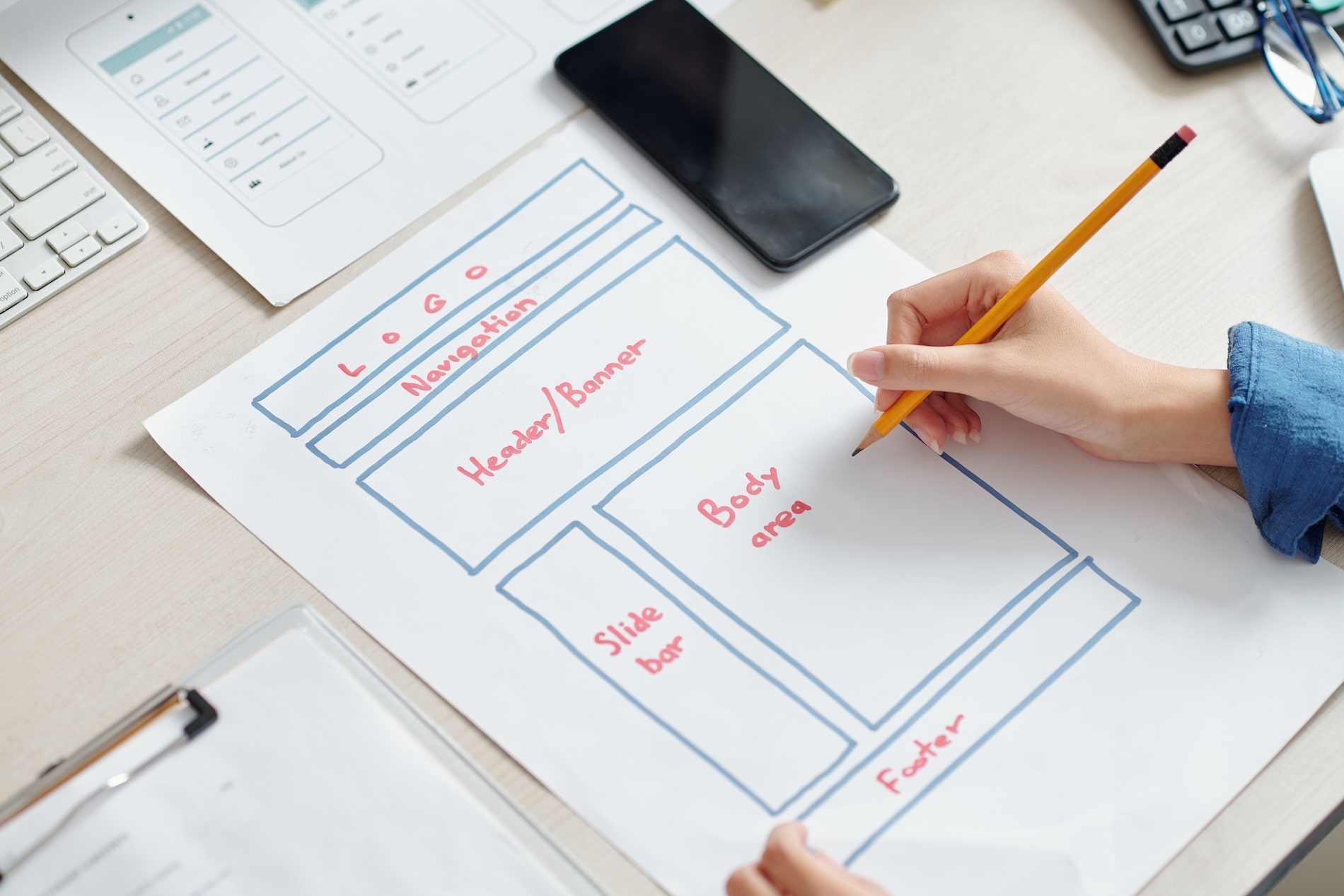 Homepage Design Best Practices: How To Pass The 5-Second Test 3 Ui Designer Sketching A Homepage Wireframe Layout As Part Of Homepage Design Best Practices.